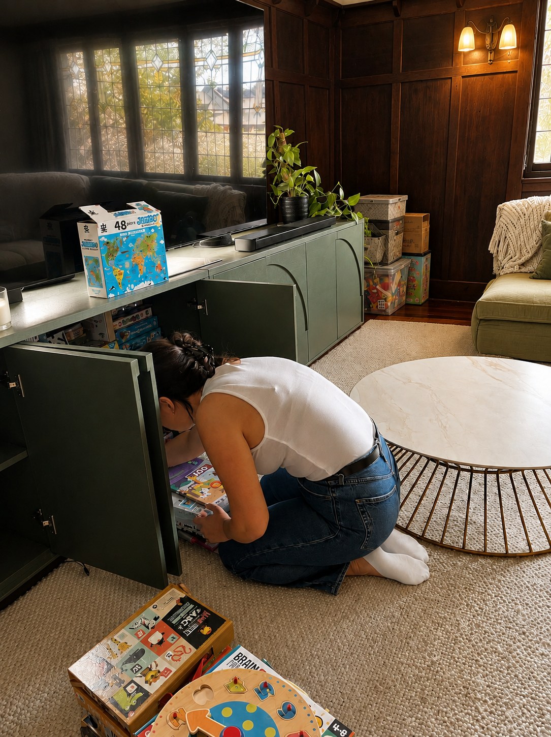 Decluttering a TV cabinet together with the client